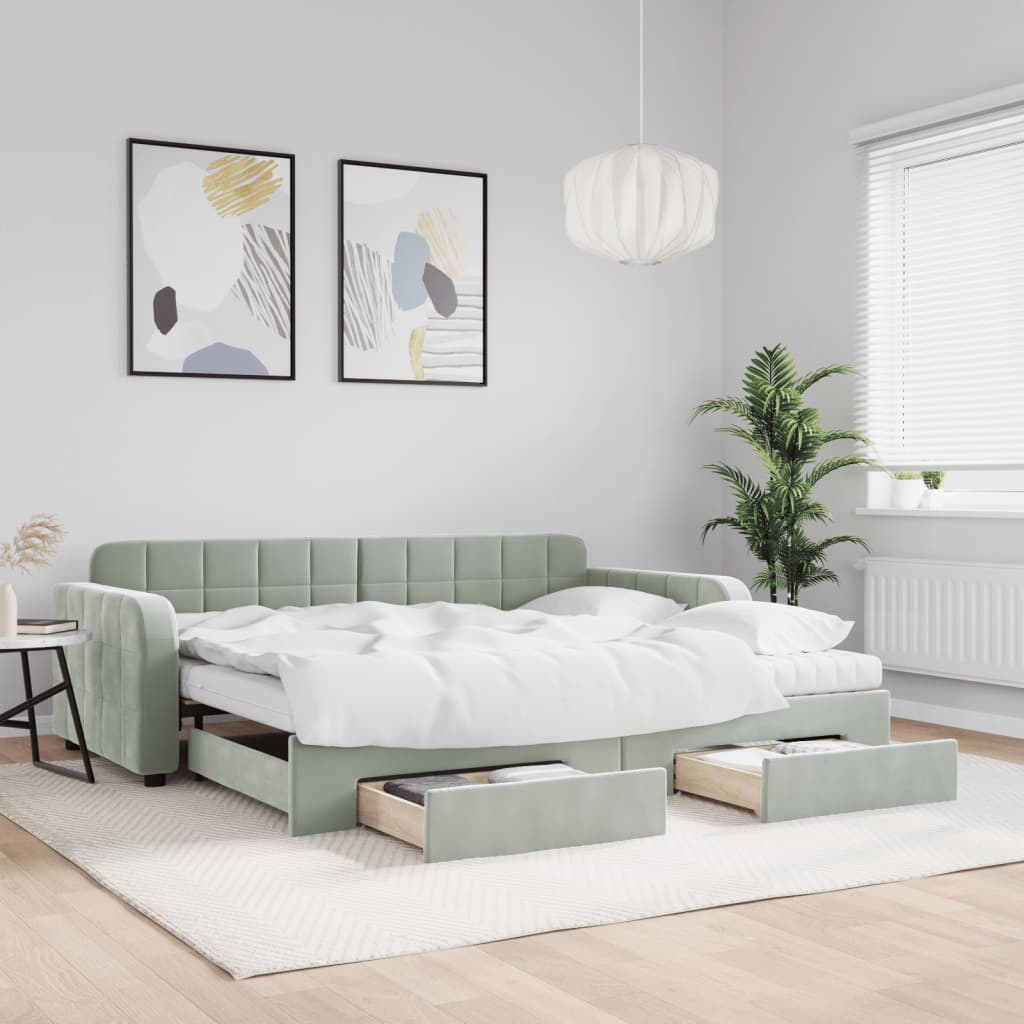 daybed med udtræk og skuffer 90x190 cm velour lysegrå