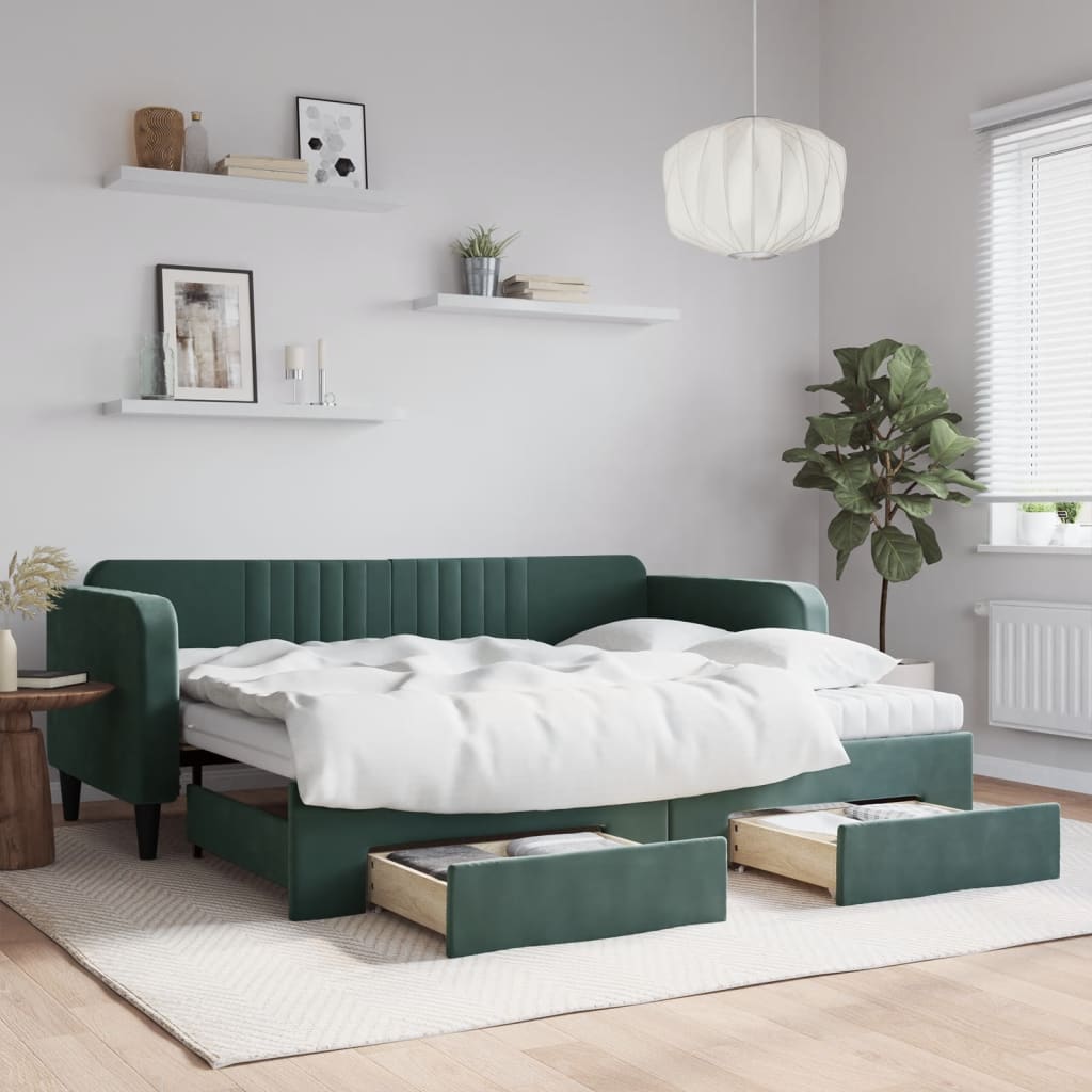 daybed med udtræk og skuffer 90x200 cm velour mørkegrøn