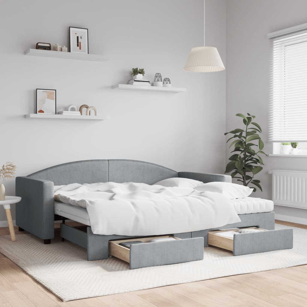 daybed med udtræk og skuffer 90x190 cm stof lysegrå