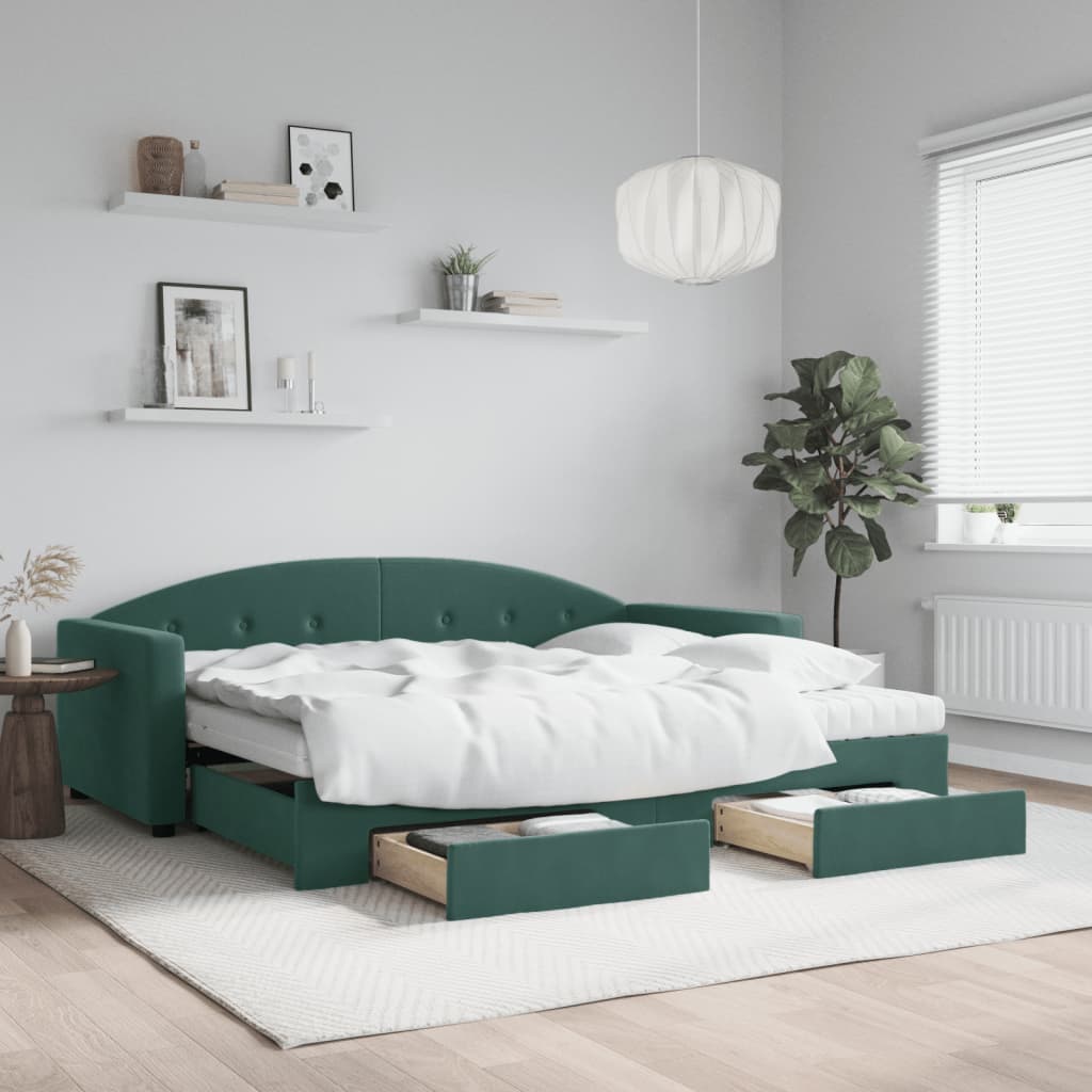 daybed med udtræk og skuffer 90x200 cm velour mørkegrøn