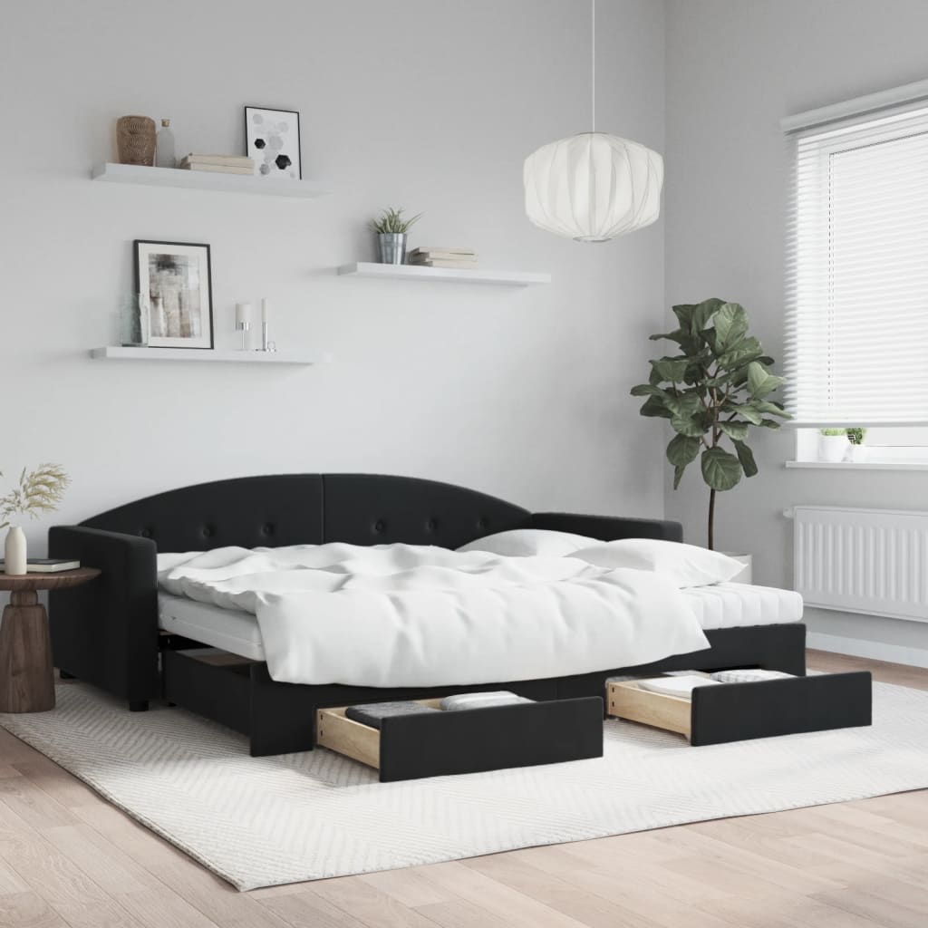 daybed med udtræk og skuffer 90x200 cm velour sort