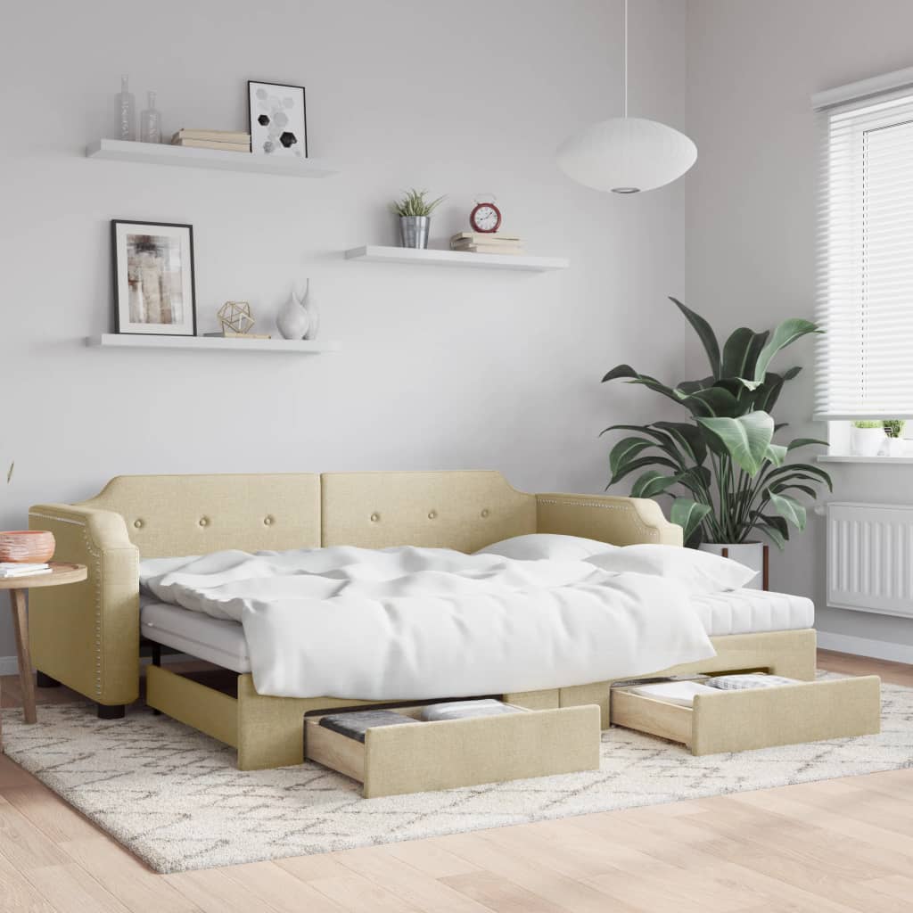 daybed med udtræk og skuffer 80x200 cm stof cremefarvet