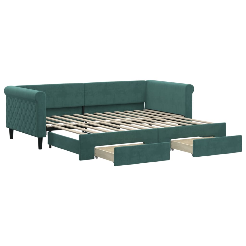 daybed med udtræk og skuffer 90x200 cm velour mørkegrøn