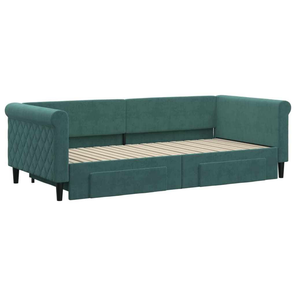 daybed med udtræk og skuffer 90x200 cm velour mørkegrøn