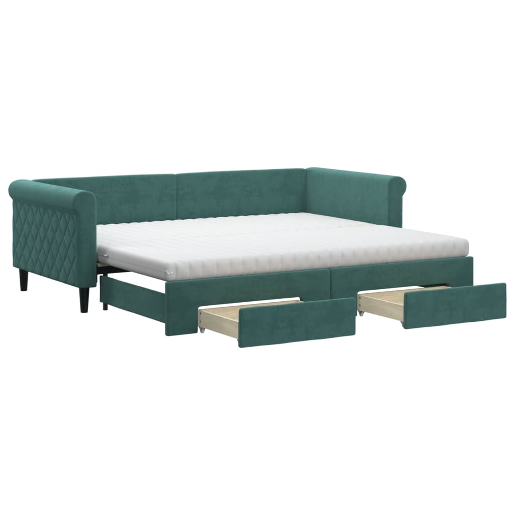 daybed med udtræk og skuffer 90x200 cm velour mørkegrøn