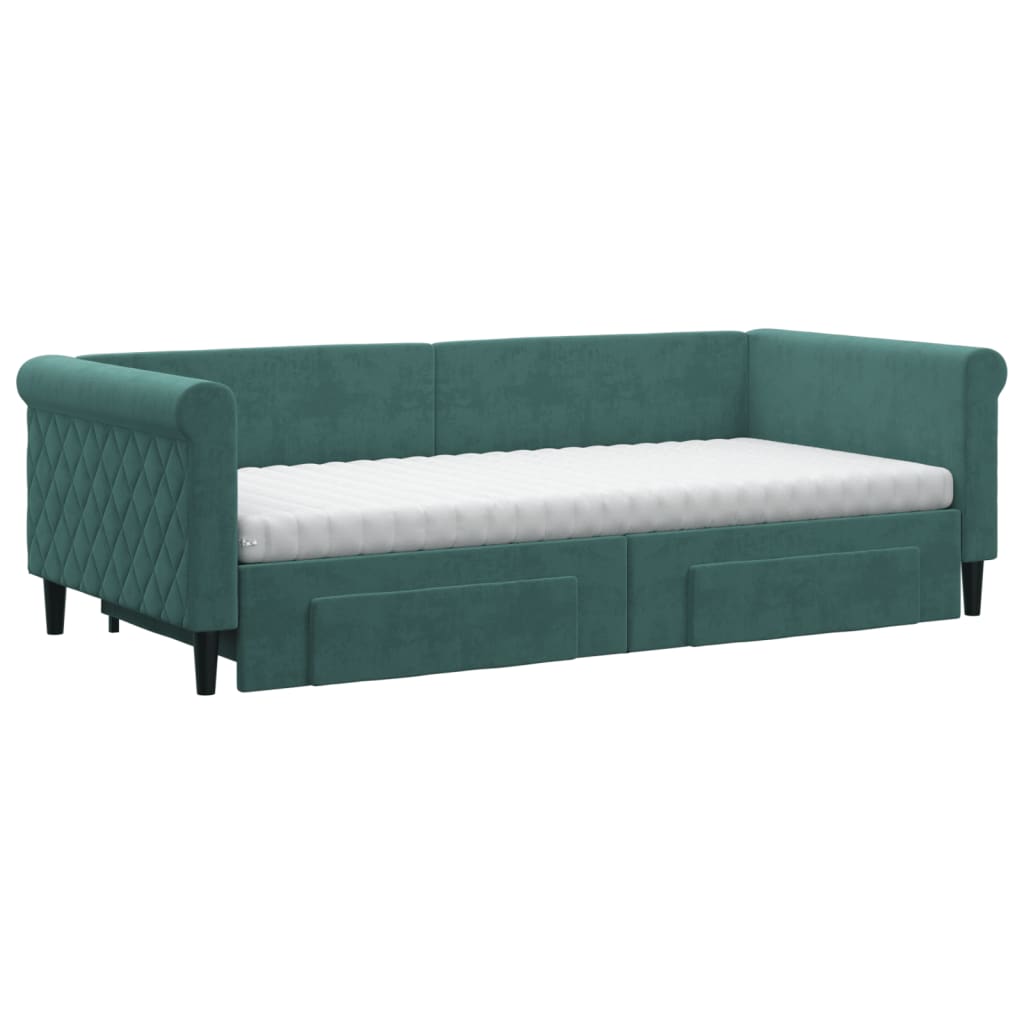 daybed med udtræk og skuffer 90x200 cm velour mørkegrøn