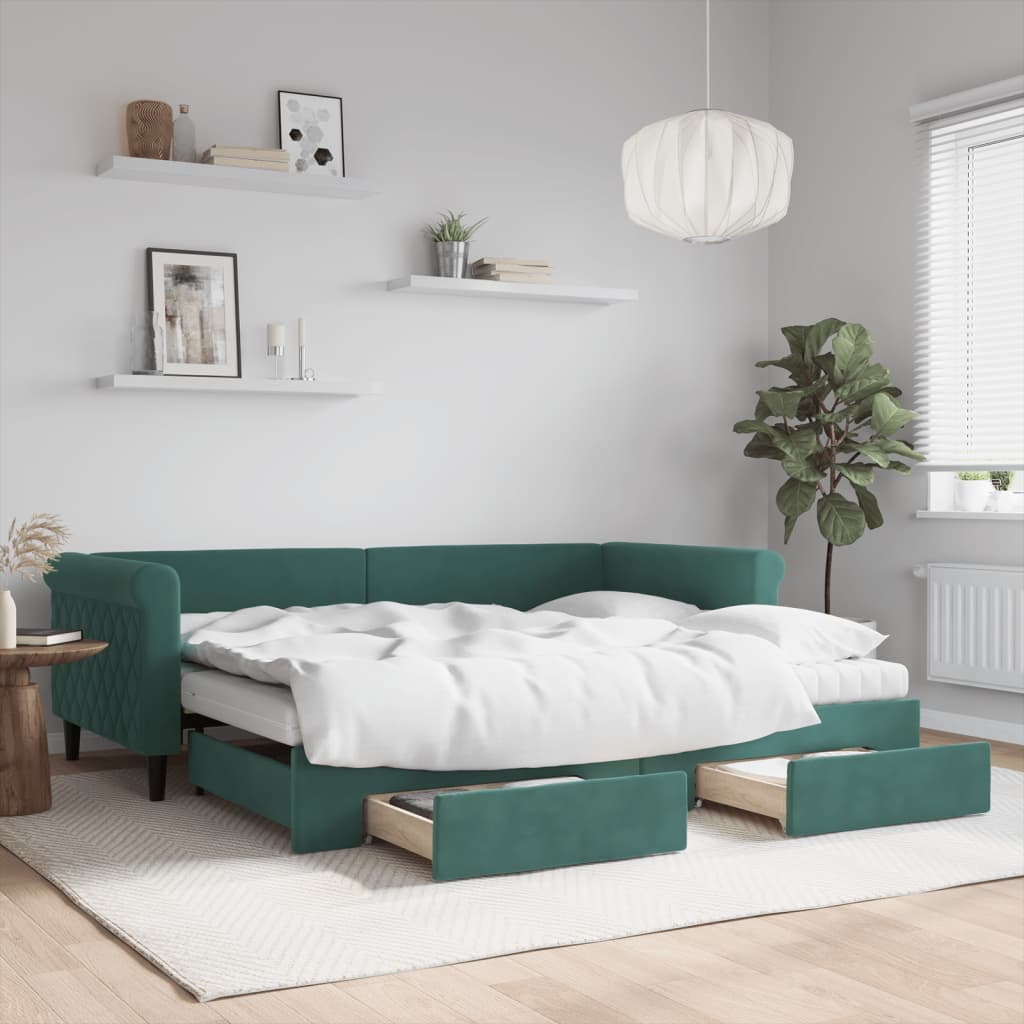 daybed med udtræk og skuffer 90x200 cm velour mørkegrøn