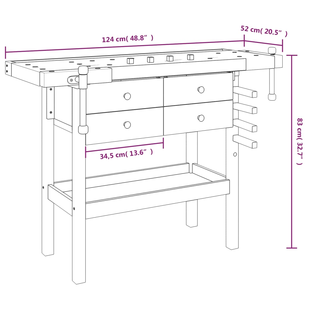 arbejdsbord skuffer og skruestik 124x52x83 cm massivt akacietræ