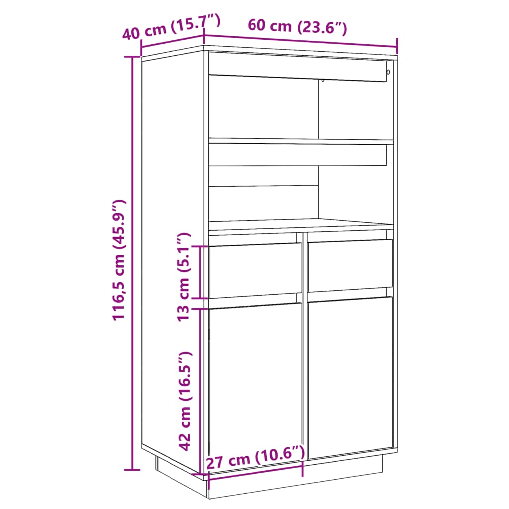 højskab 60x40x116,5 cm massivt fyrretræ grå
