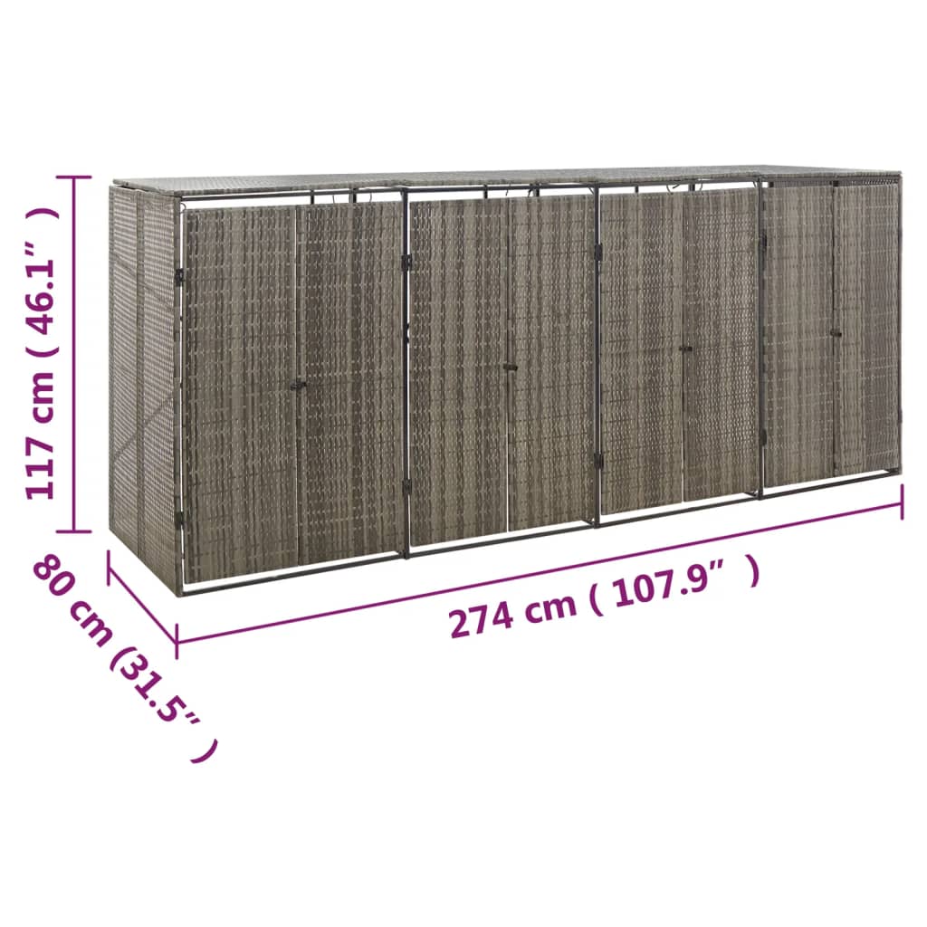 firdobbelt skraldespandsskjuler 274x80x117 cm polyrattan grå