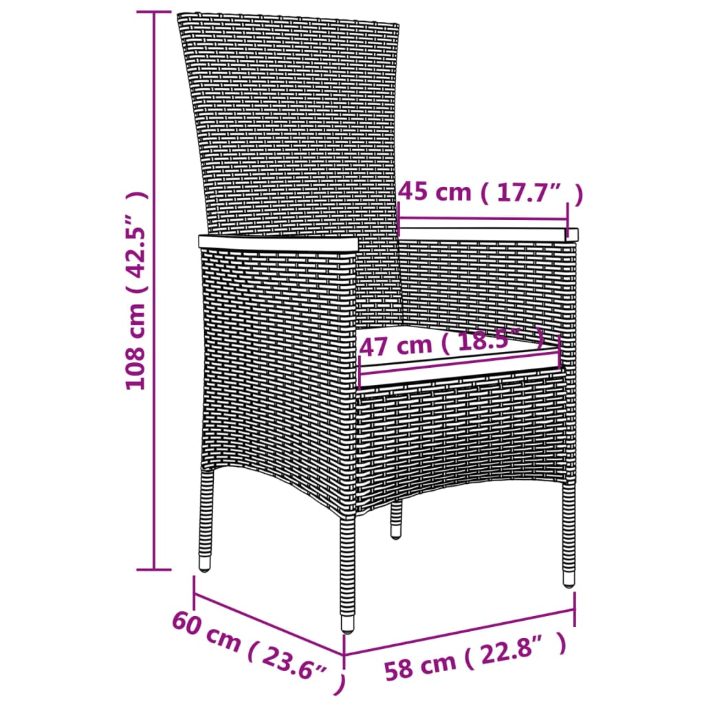 havestole med hynder 2 stk. polyrattan grå