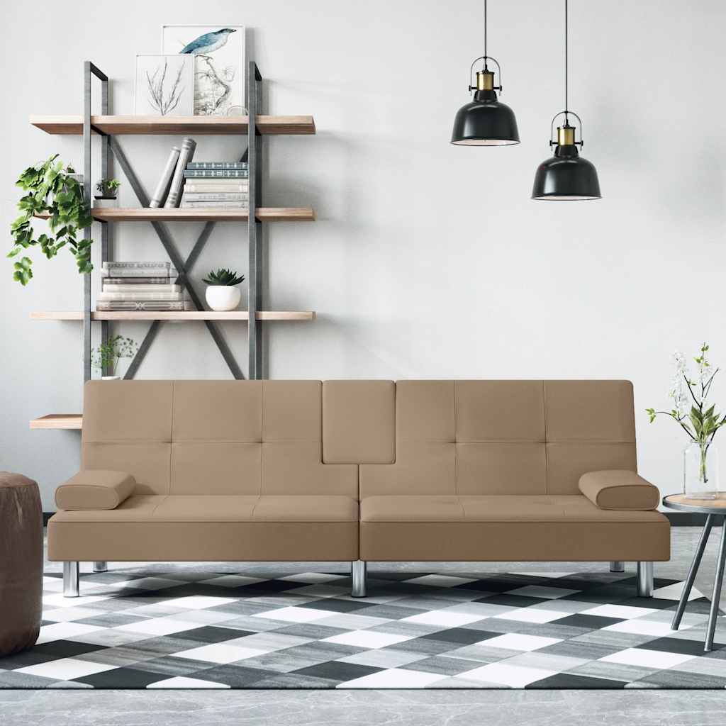 sovesofa med kopholdere kunstlæder cappuccinofarvet