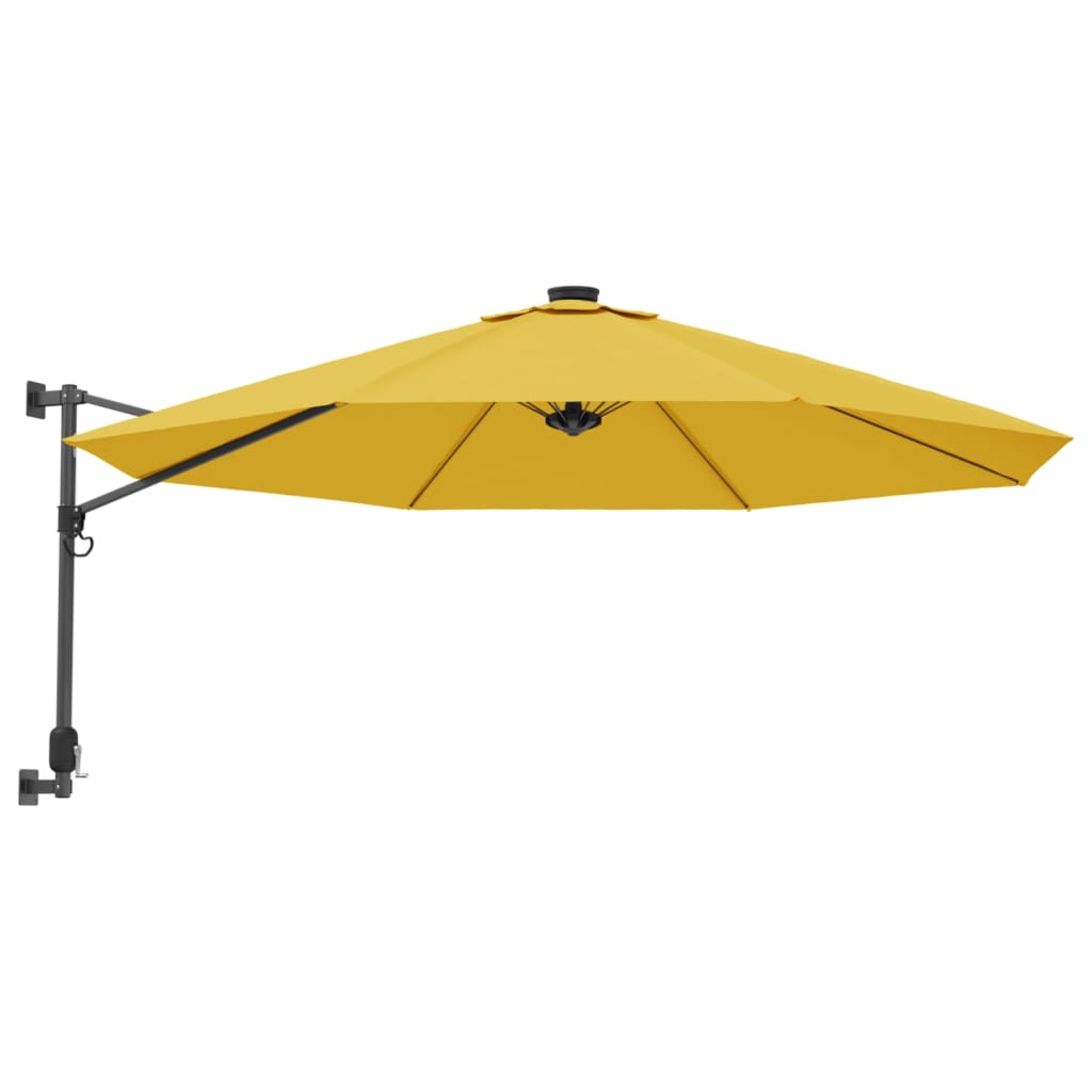 væghængt parasol med LED-lys 290 cm gul