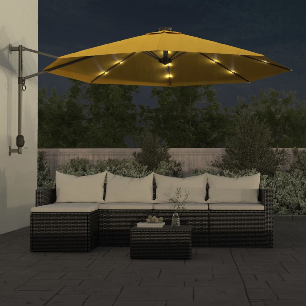væghængt parasol med LED-lys 290 cm gul