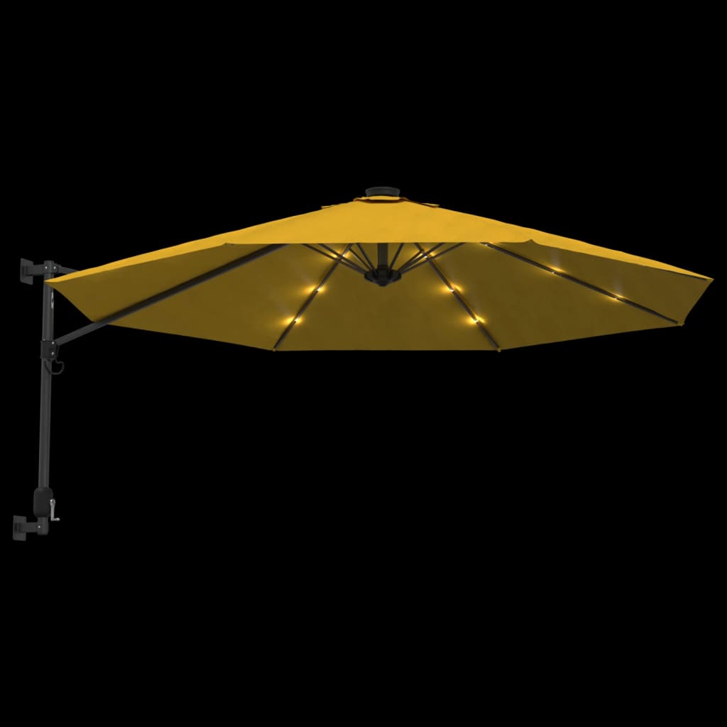 væghængt parasol med LED-lys 290 cm gul