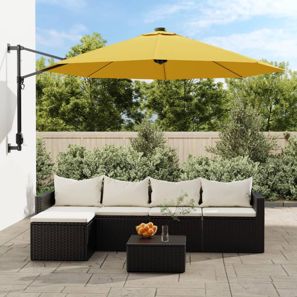 væghængt parasol med LED-lys 290 cm gul