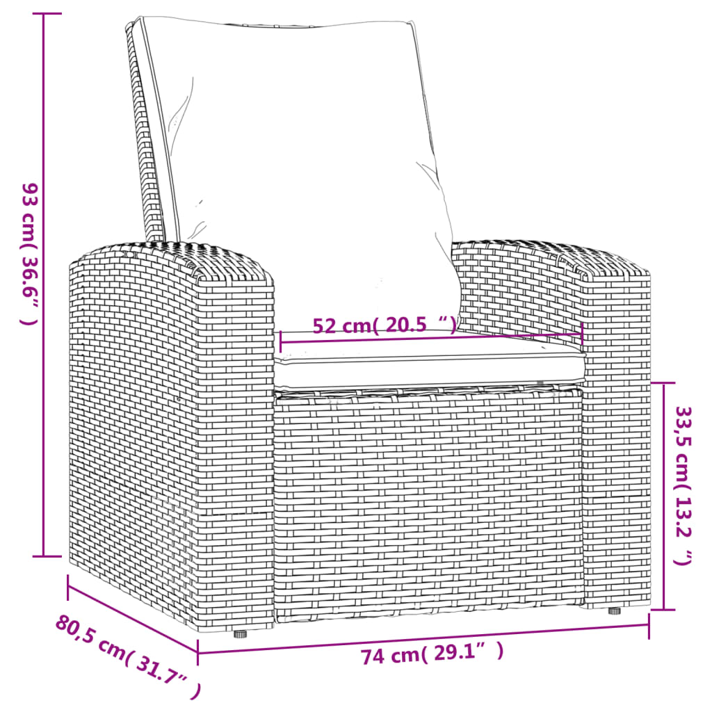 positionsstol med hynder polyrattan lysebrun