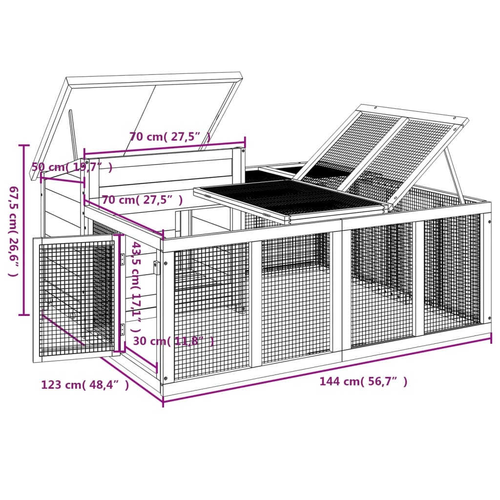kaninbur 144x123x67,5 cm massivt fyrretræ mokkafarvet