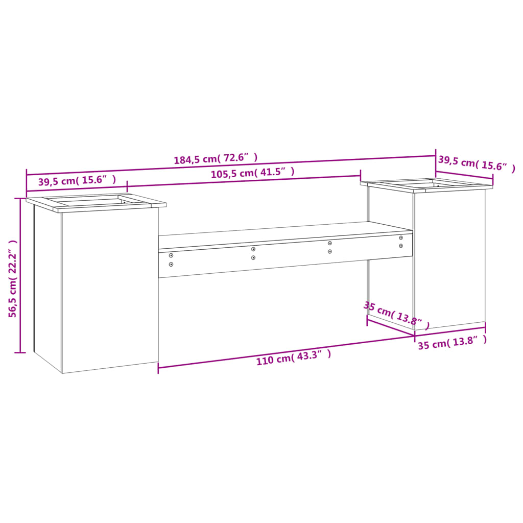bænk med plantekasser 184,5x39,5x56,5 cm massivt fyrretræ hvid