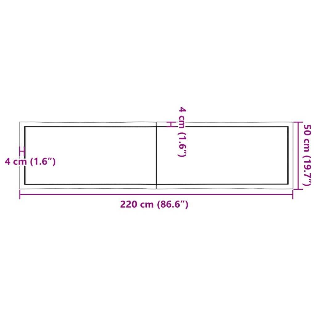 bordplade 220x50x(2-4)cm naturlig kant ubehandlet massivt træ