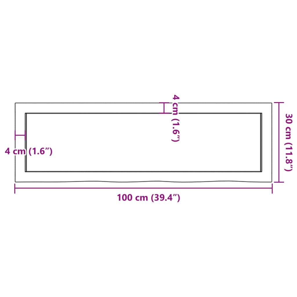 bordplade til badeværelse 100x30x(2-6)cm massivt træ ubehandlet