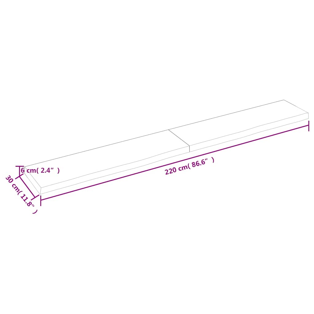 bordplade til badeværelse 220x30x(2-6)cm massivt træ ubehandlet