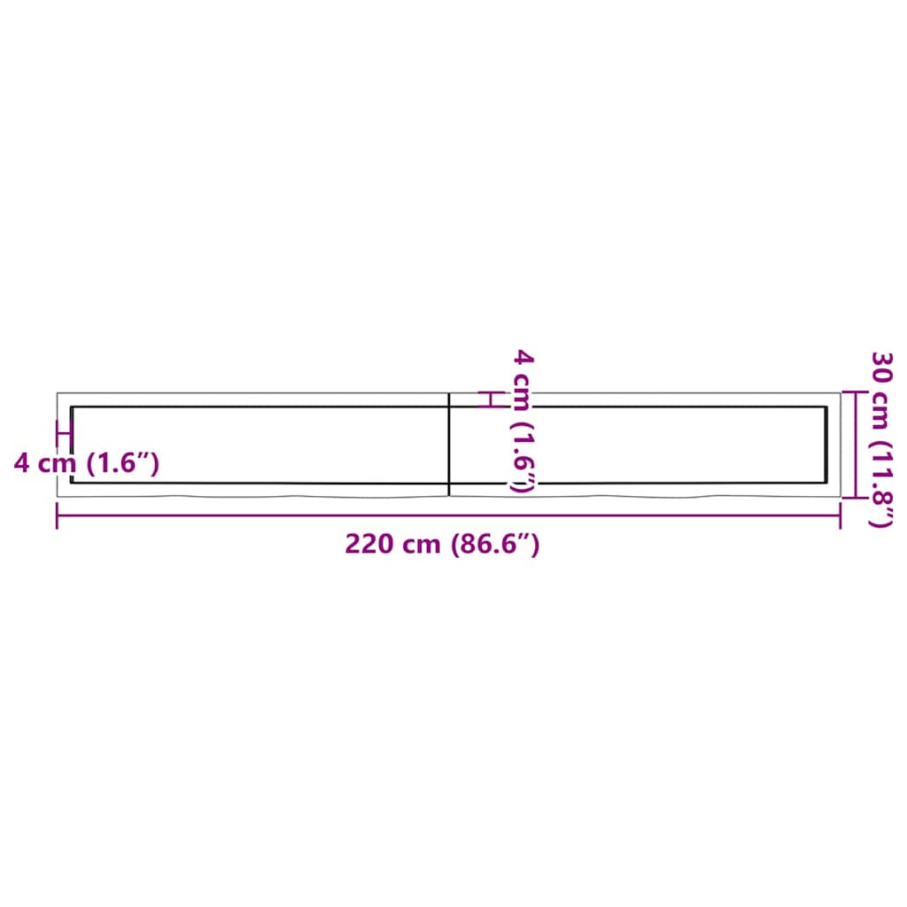 bordplade til badeværelse 220x30x(2-6)cm massivt træ ubehandlet