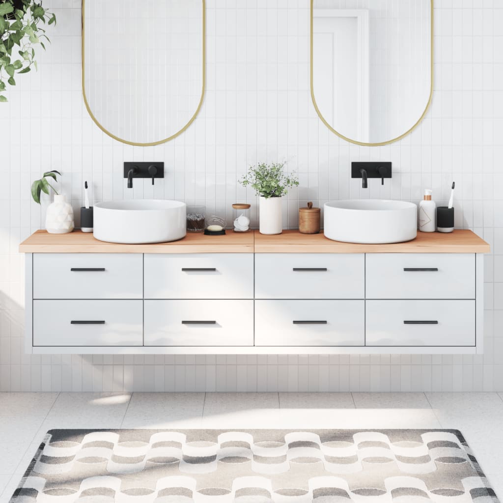 bordplade til badeværelse 220x50x(2-4)cm massivt træ ubehandlet
