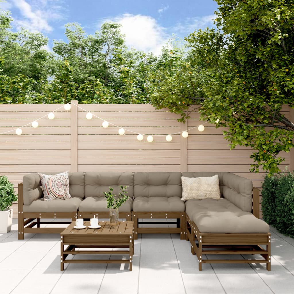 loungesæt til haven 7 dele med hynder massivt træ honningbrun