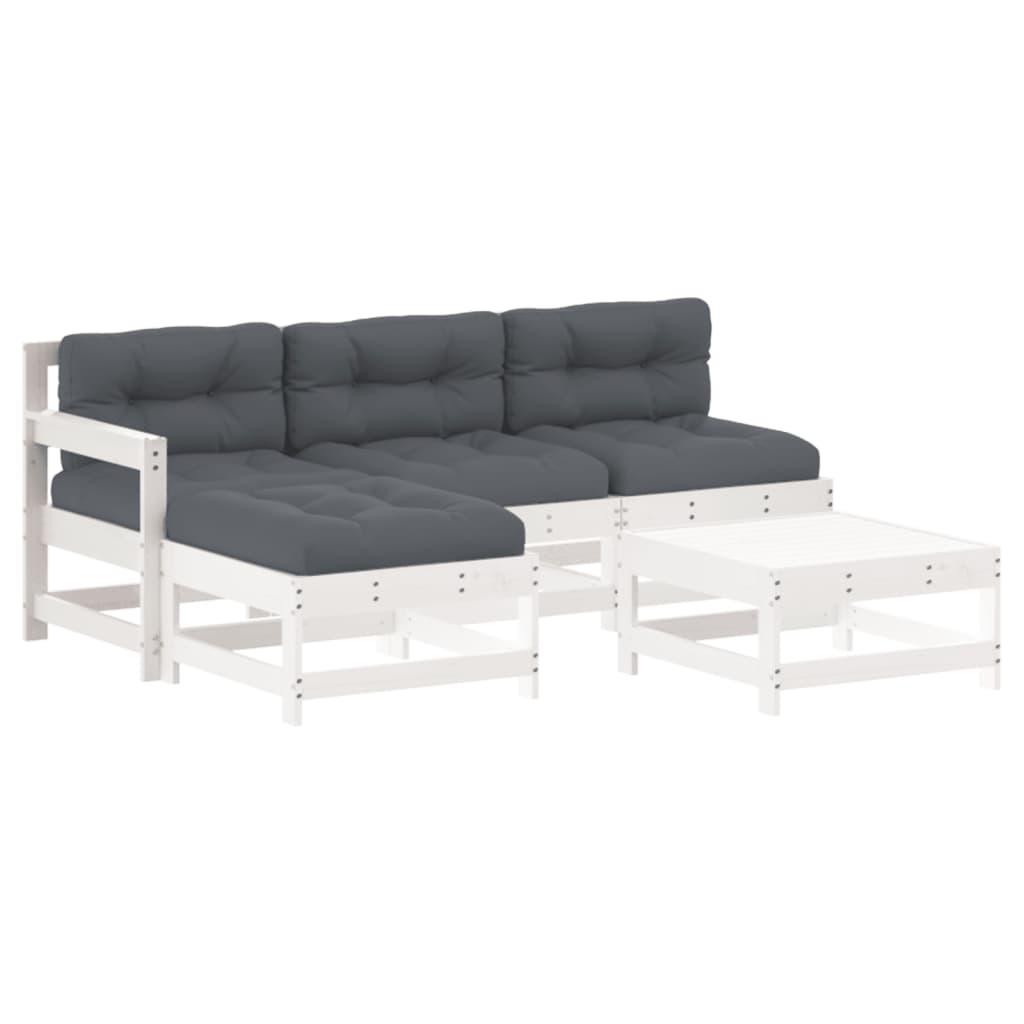 loungesæt til haven 5 dele med hynder massivt træ hvid