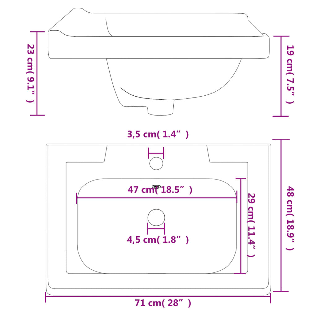 badeværelsesvask 71x48x23 cm rektangulær keramisk hvid