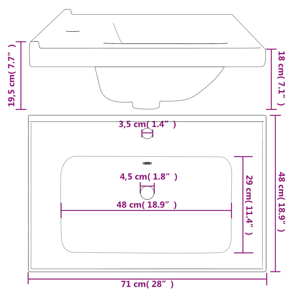 badeværelsesvask 71x48x19,5 cm rektangulær keramisk hvid
