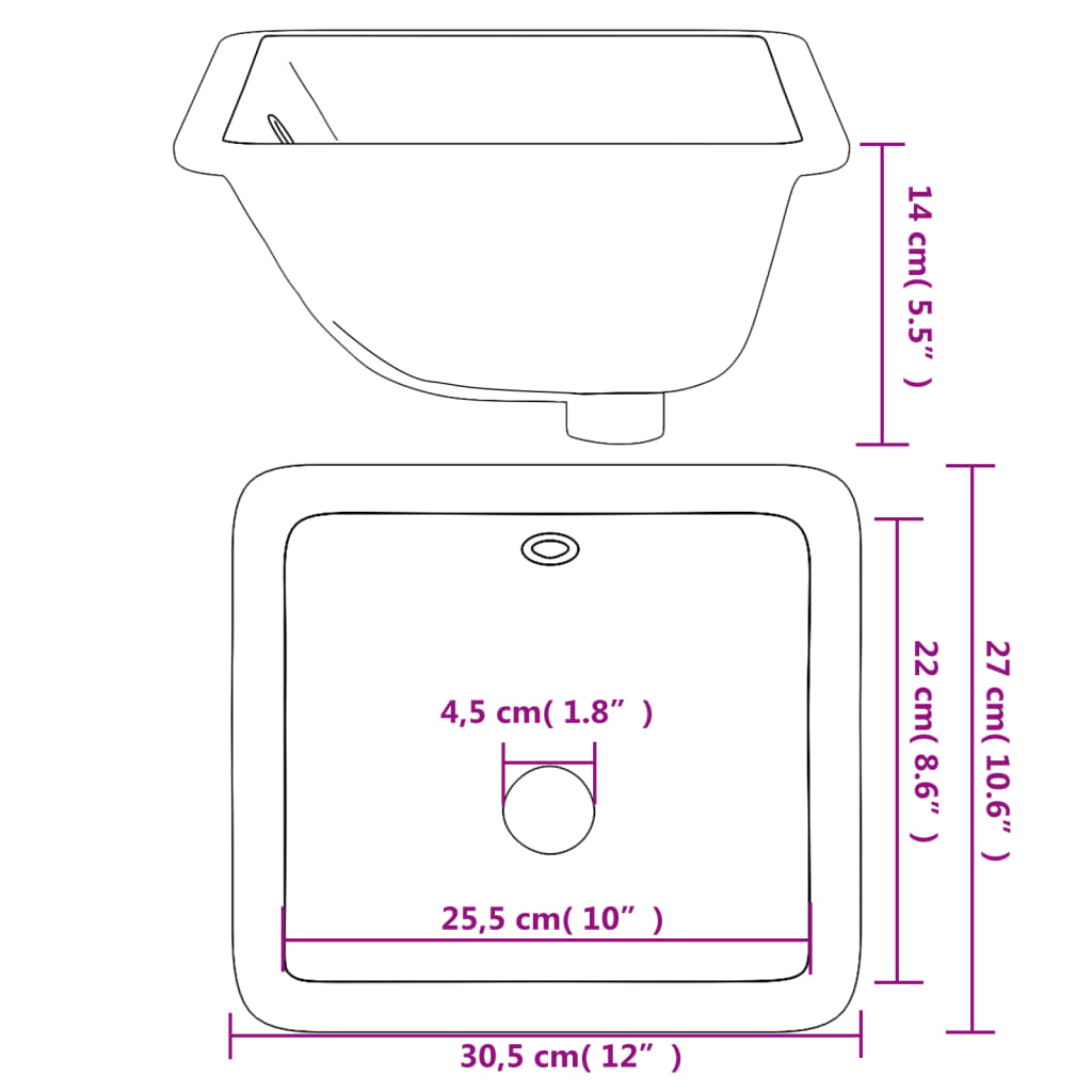 badeværelsesvask 30,5x27x14 cm rektangulær keramisk hvid