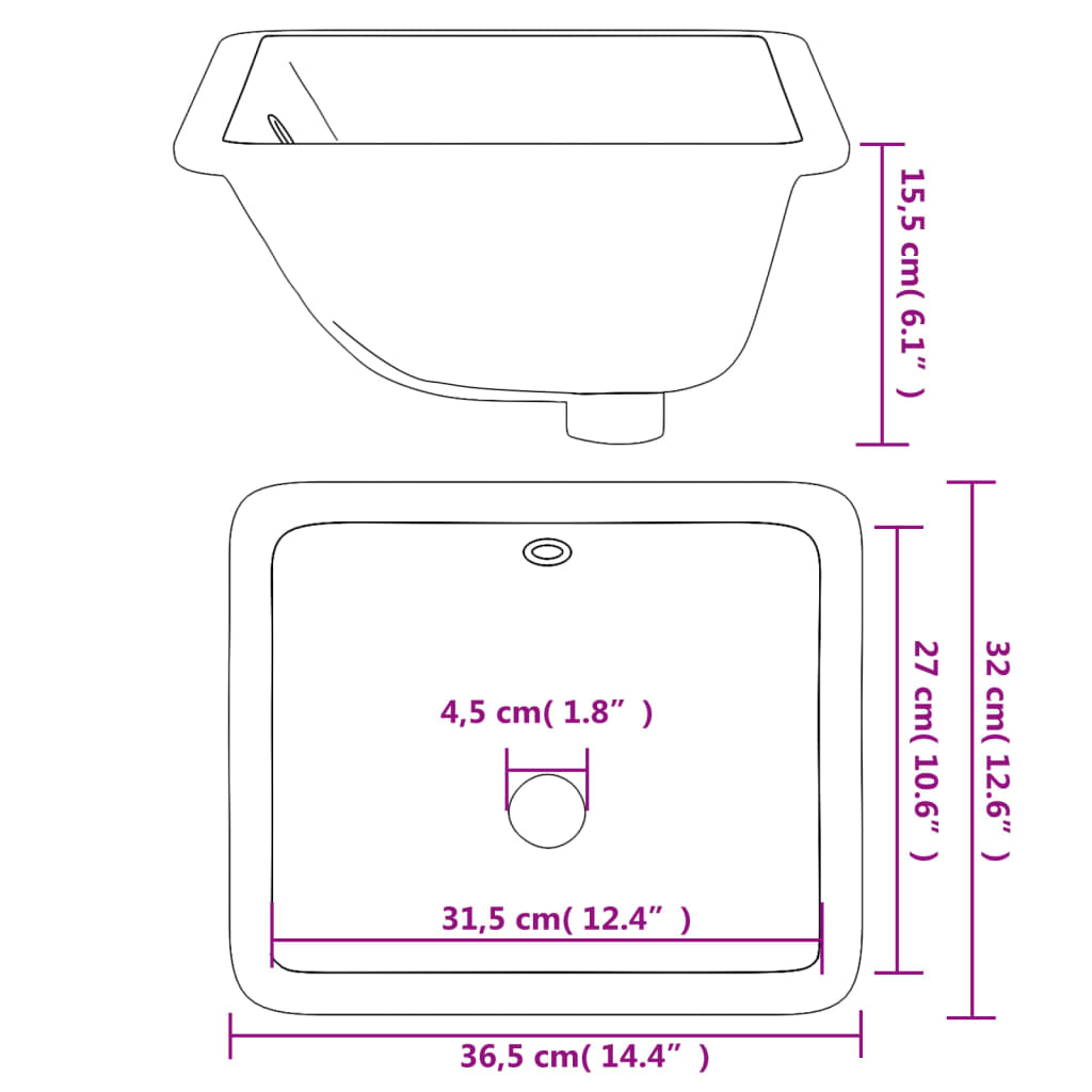 badeværelsesvask 36,5x32x15,5 cm rektangulær keramisk hvid