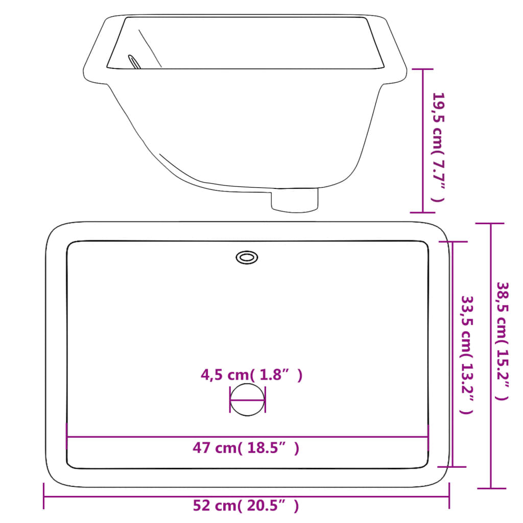 badeværelsesvask 52x38,5x19,5 cm rektangulær keramisk hvid