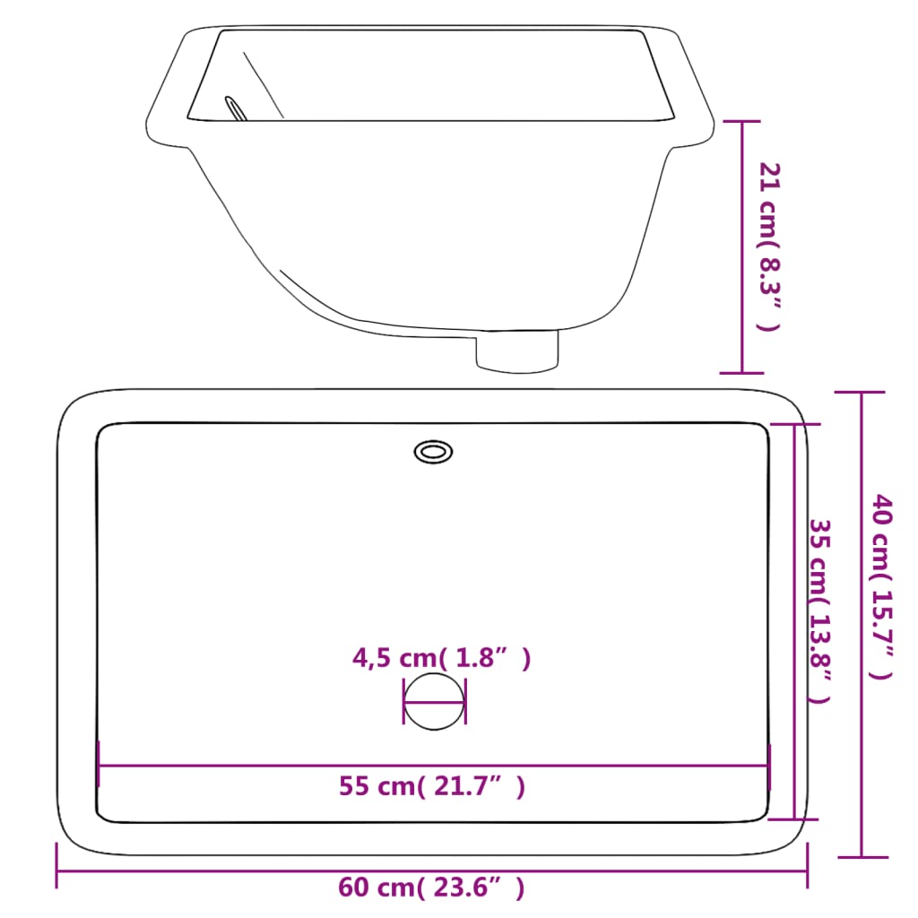 badeværelsesvask 60x40x21 cm rektangulær keramisk hvid