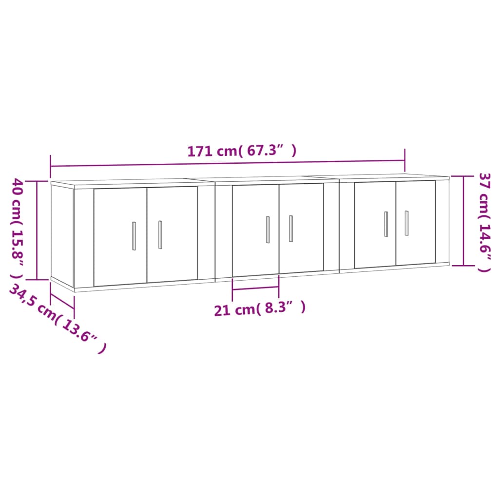 væghængte tv-skabe 3 stk. 57x34,5x40 cm grå sonoma-eg