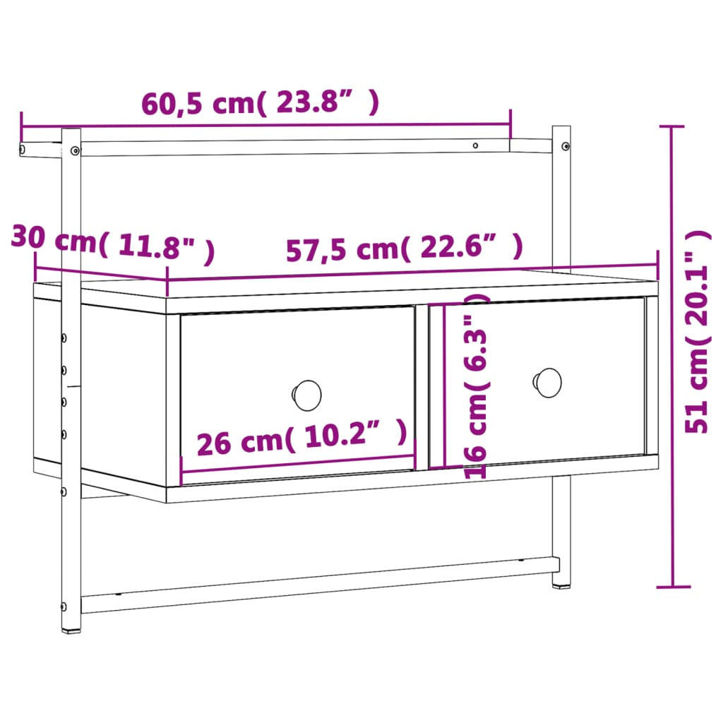 væghængt tv-bord 60,5x30x51 cm konstrueret træ sort