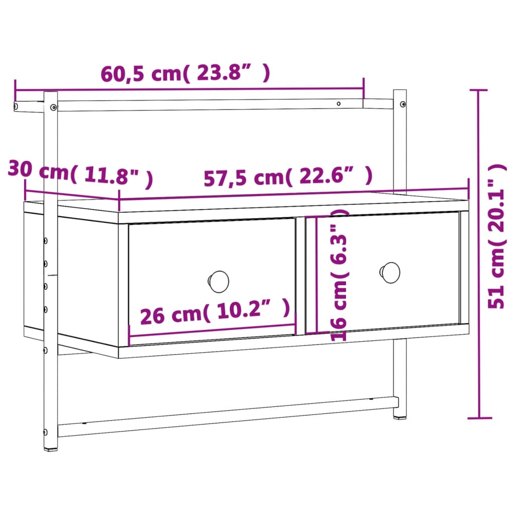 væghængt tv-bord 60,5x30x51 cm konstrueret træ sonoma-eg