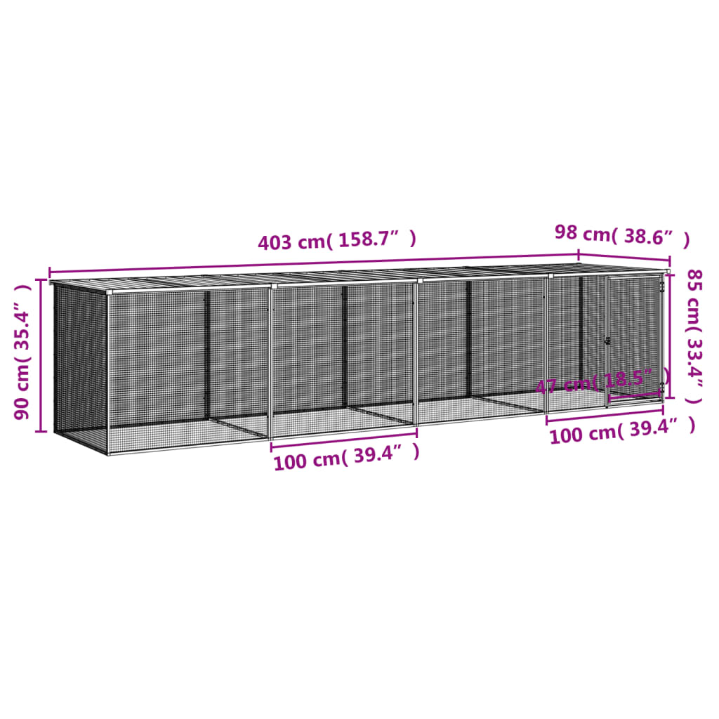 hønsebur med tag 403x98x90 cm galvaniseret stål lysegrå