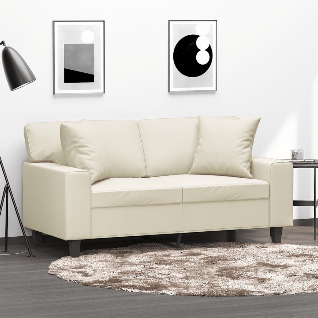 2-personers sofa med pyntepuder 120 cm kunstlæder cremefarvet