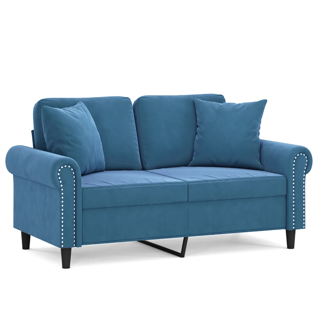 2-personers sofa med pyntepuder 120 cm velour blå