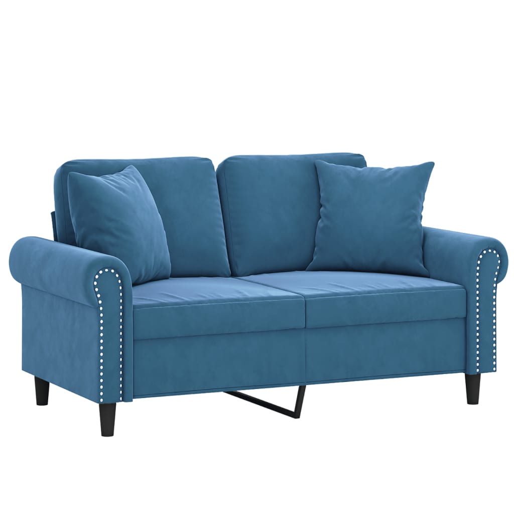 2-personers sofa med pyntepuder 120 cm velour blå