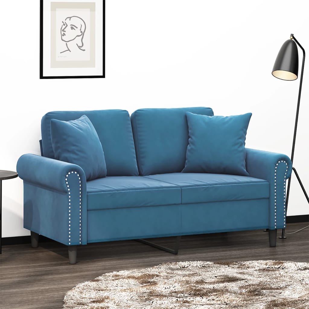 2-personers sofa med pyntepuder 120 cm velour blå