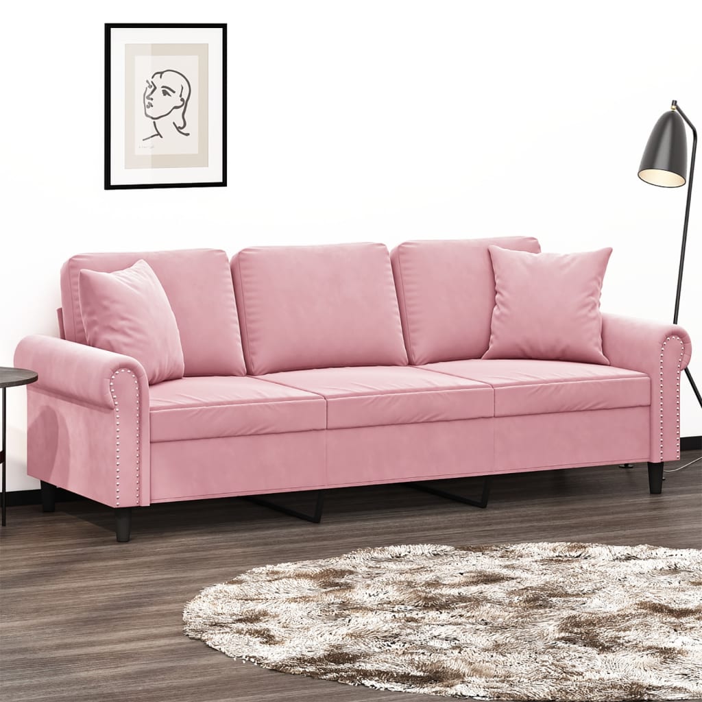 3-personers sofa med pyntepuder 180 cm velour pink
