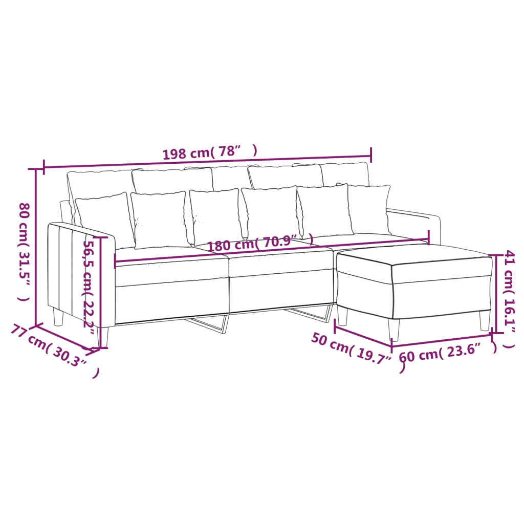 3-personers sofa med fodskammel 180 cm velour cremefarvet