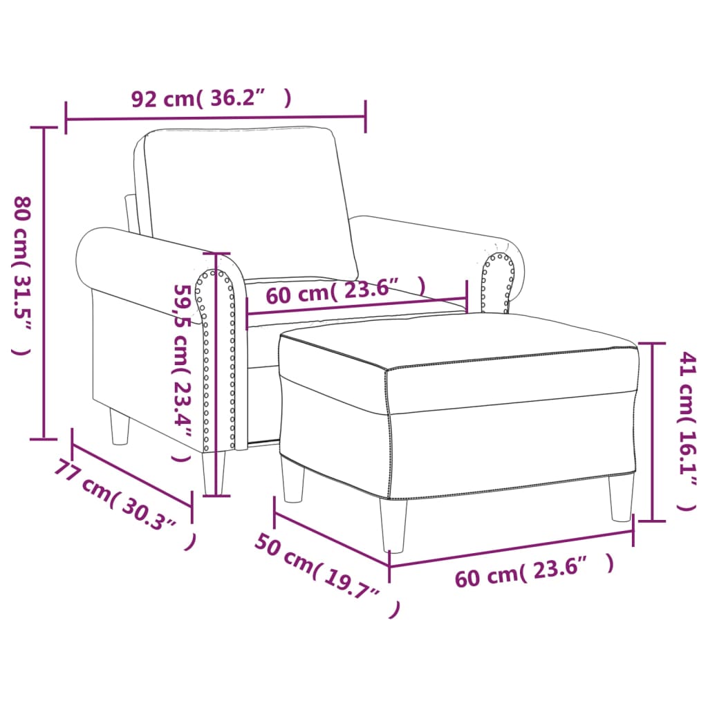 sofastol med fodskammel 60 cm velour vinrød
