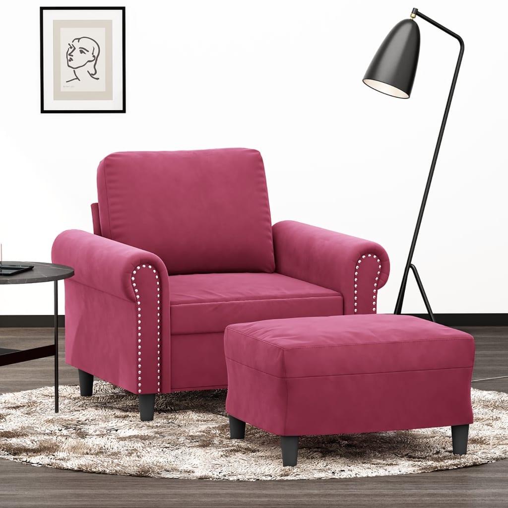 sofastol med fodskammel 60 cm velour vinrød