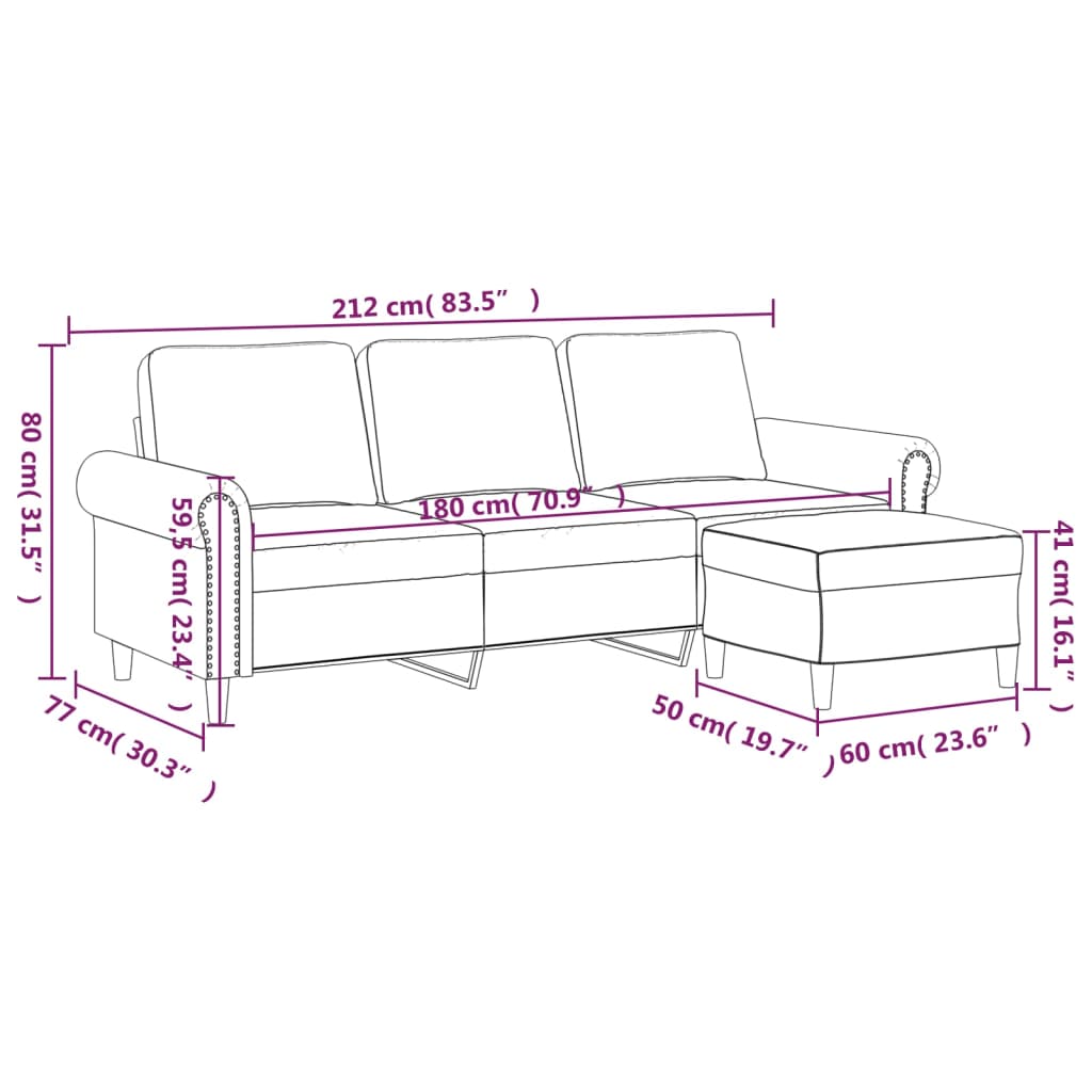 3-personers sofa med fodskammel 180 cm velour blå