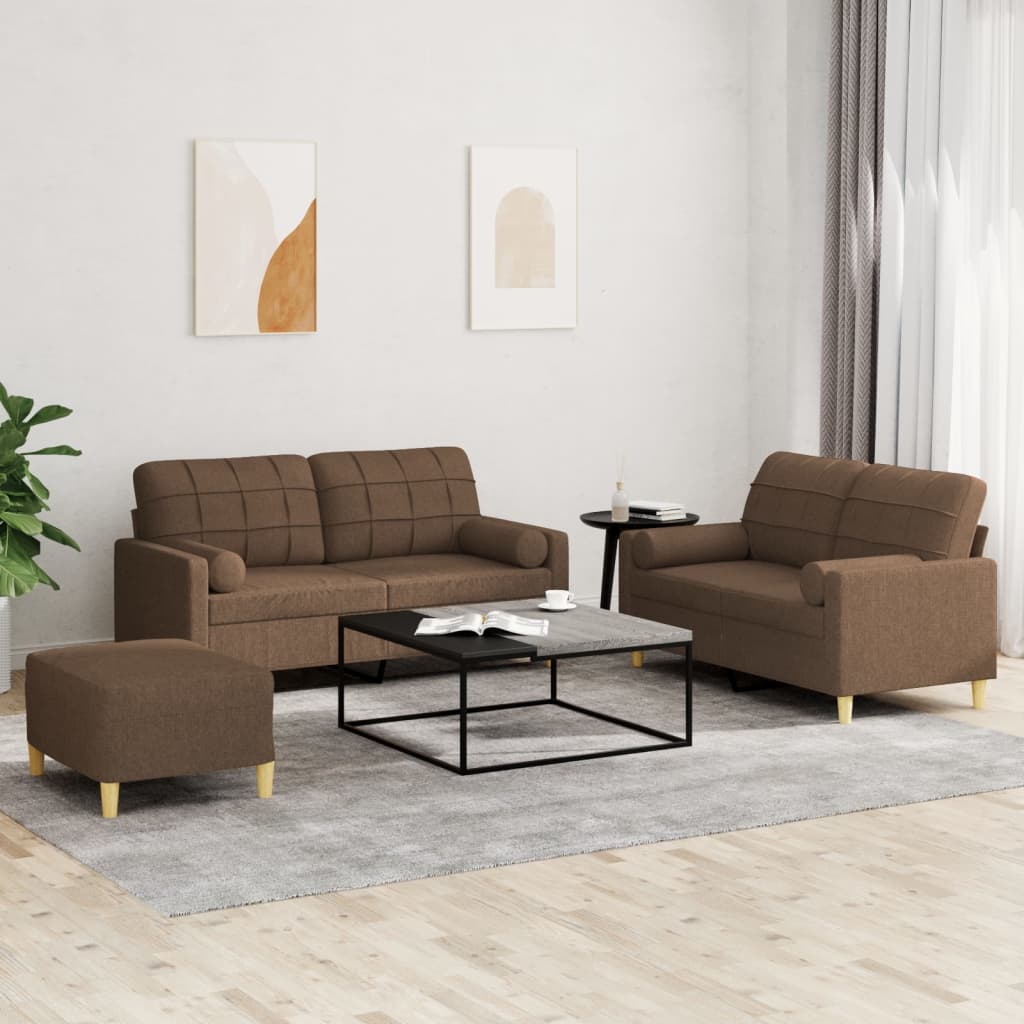 sofasæt 3 dele med puder stof brun